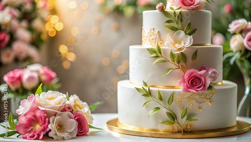 Elegant White Wedding Cake with Pink Flowers & Gold Accents - Stock Photo