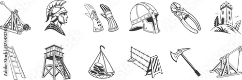 Medieval warfare and defense equipment vector set in black and white. Includes helmets, catapults, axes, towers, and armor. Perfect for history, fantasy, and strategy design projects.