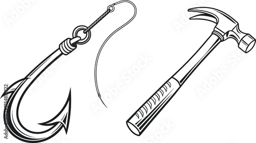 Black and white vector illustration of a fishing hook and hammer tool. Detailed hand-drawn sketch style design with clean outlines. Perfect for craft, fishing, and construction concept art.