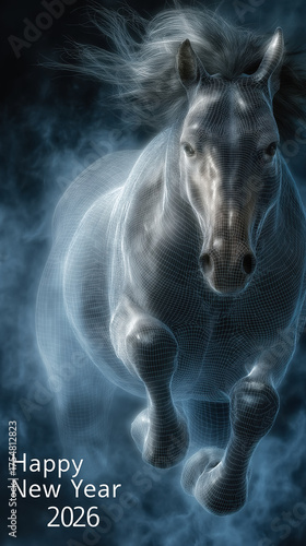 Happy New Year 2026 poster with galloping horse and blue particles dynamic celebration