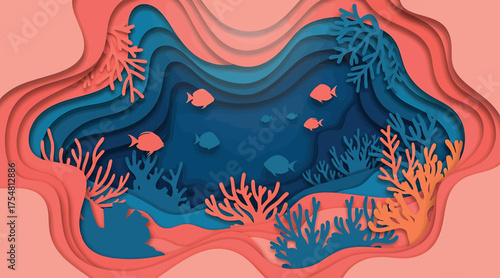 Vector art of a vibrant underwater scene in a paper cut style, featuring colorful coral reefs and schools of fish swimming in the deep blue sea, creating a whimsical and lively ocean environment