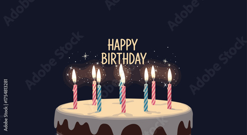 A happy birthday celebration with lit candles on a cake.