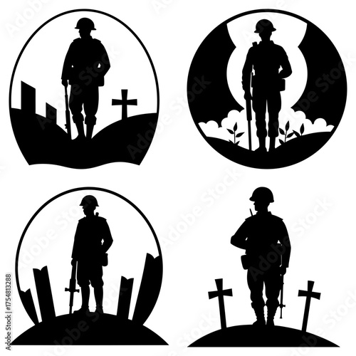 Silhouetted soldiers in various memorial settings with crosses and grave markers in monochrome illustrations