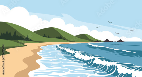 A serene coastal landscape with rolling green hills and gentle ocean waves lapping the sandy shore.