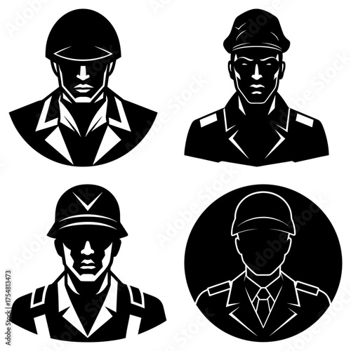 Four stylized black and white images of soldiers wearing helmets and military uniforms in various poses