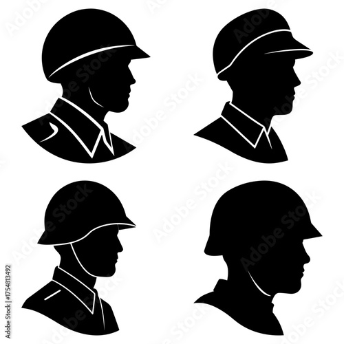 Four silhouette portraits of soldiers wearing military helmets and uniforms in black and white design style