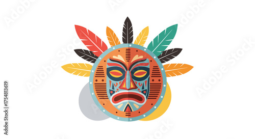 Tribal mask with colorful feathers and geometric patterns in a vibrant and expressive design.