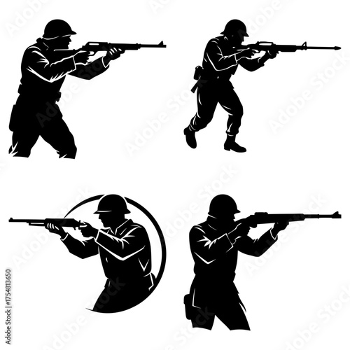 Silhouettes of soldiers in various poses holding rifles and wearing helmets in black and white style art