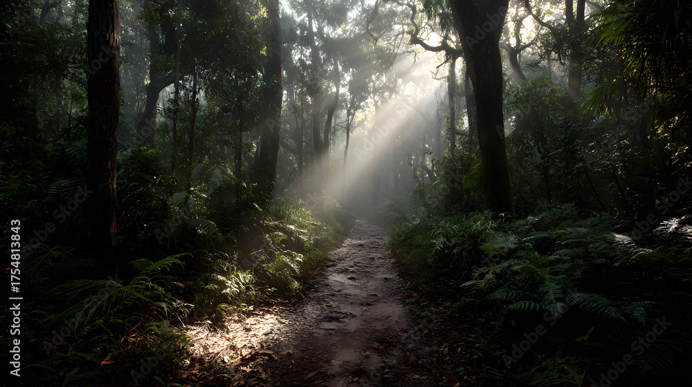 Obraz premium Sunlight streams through a forest path creating a magical, ethereal scene