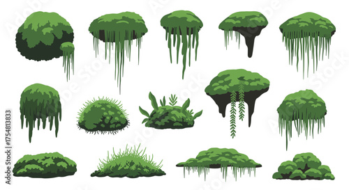 A collection of pixel art illustrations of lush green mossy rocks and hanging vegetation.