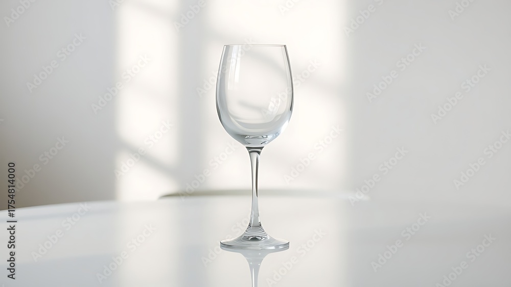 Fototapeta premium Elegant white wine glass placed on a minimalist table with soft lighting reflections.