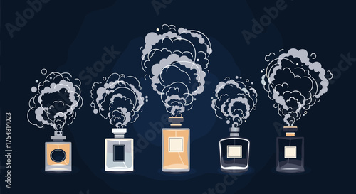 Five elegant perfume bottles releasing wisps of aromatic smoke creating an enchanting ambiance.