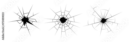 Cracked surface illustration with shattered glass, bullet hole, and wall texture. Realistic broken effect with fracture lines and crash pattern. Vector design for impact or damage theme.
