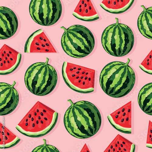 A seamless vector pattern featuring juicy watermelons and their slices in a flat illustration style on a bright pink background. Perfect for summer and children's designs, fabrics, and packaging