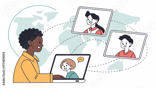 Child using laptop for international video call with kids from different countries, global communication concept