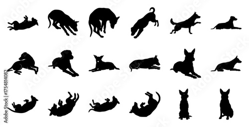 Dog silhouettes various poses black white