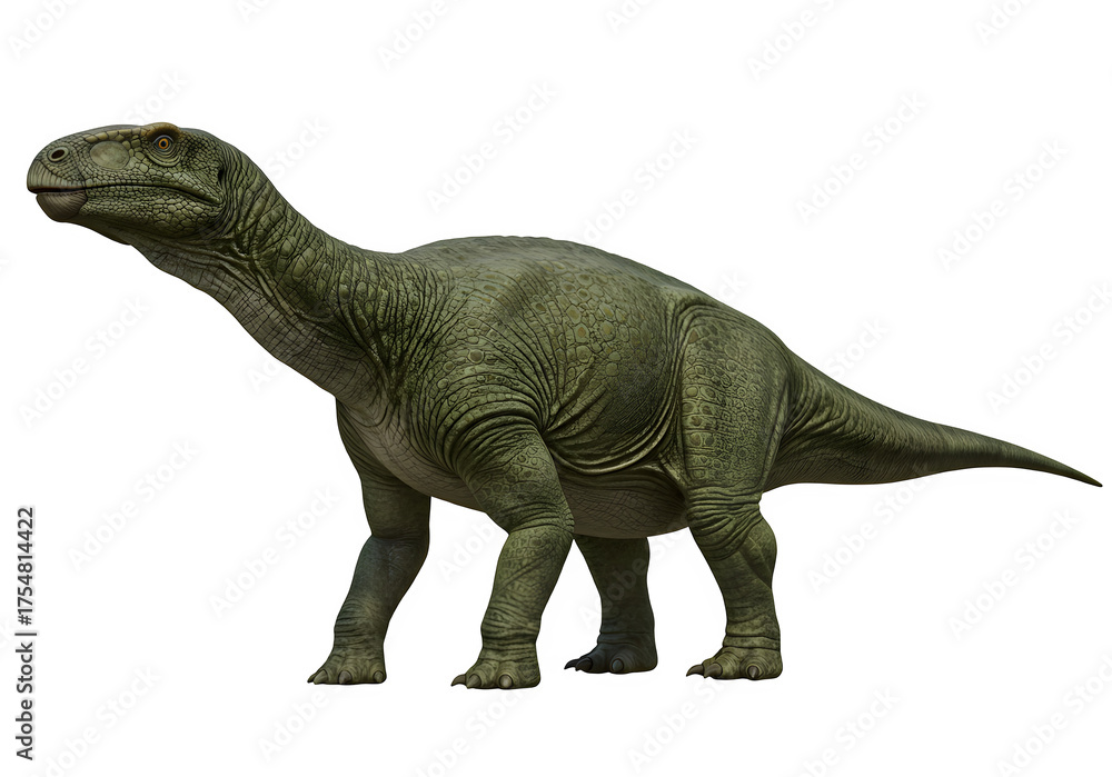 Fototapeta premium An Iguanodon a large herbivorous dinosaur with a thumb spike isolated on transparent or white background. PNG