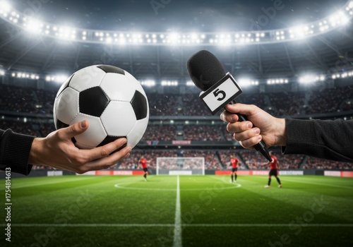Sports journalist holding a soccer ball and microphone, cropped shot of hands, reporting on sports events. Sports Journalism, Soccer, Media, Reporting Concept