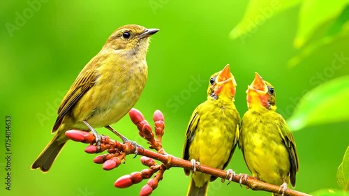 A mother bird attentively watches her two hungry chicks with open beaks, perched on a branch with red buds against a soft green background