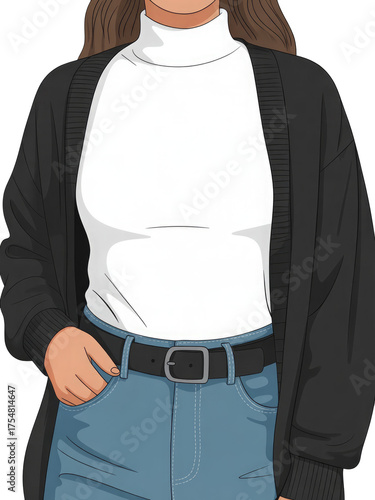 3d rendered illustration of a woman wearing a white turtleneck black cardigan blue jeans and a black belt isolated on transparent background