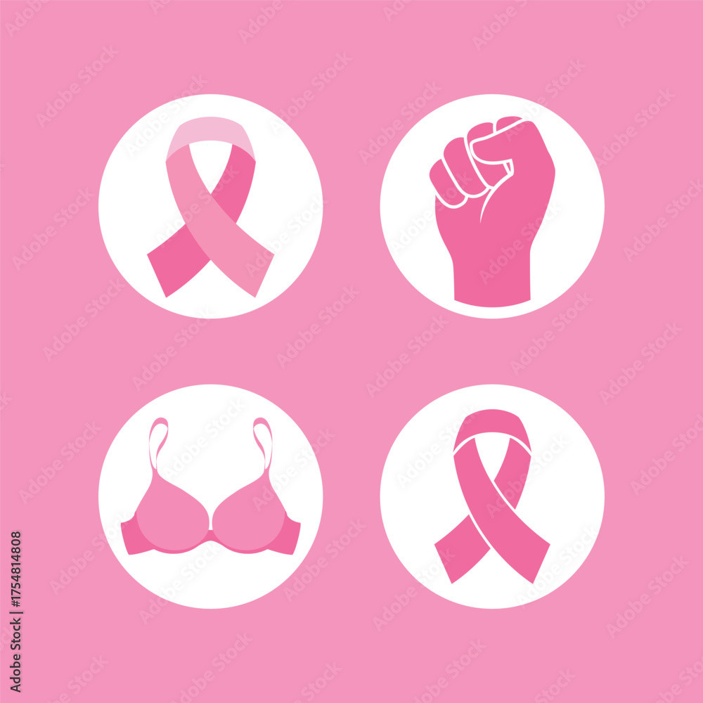 Fototapeta premium Breast Cancer Awareness symbol round icon set vector. Pink cancer awareness ribbon, bra, clenched fist symbol vector. Breast cancer design element. Template for background, banner, card