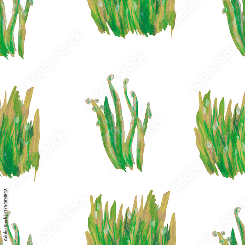 Seamless pattern landscapes painted with wax crayons. Nature, botanical print with oil pastel.