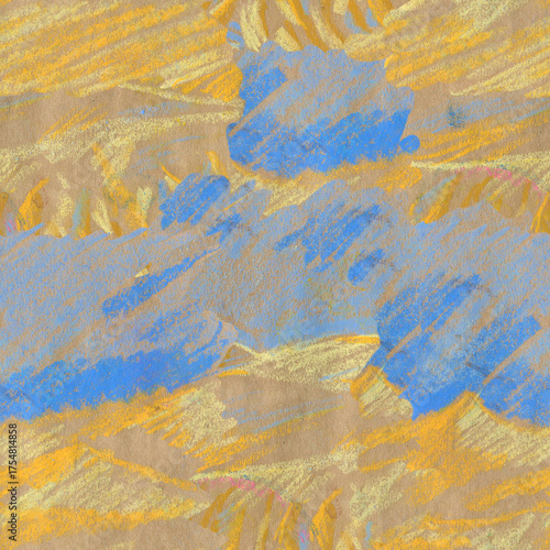 Seamless pattern landscapes painted with wax crayons. Nature, botanical print with oil pastel.