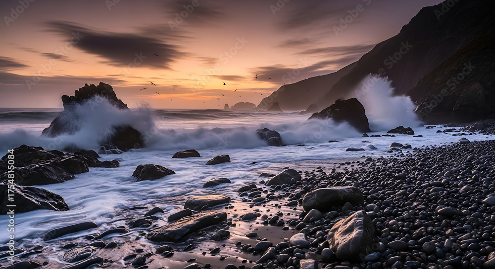 Obraz premium Powerful Waves Crash on a Rugged Pebble Beach at Dramatic Sunset