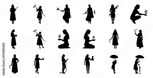 Female silhouettes with tools and plants woman gardening