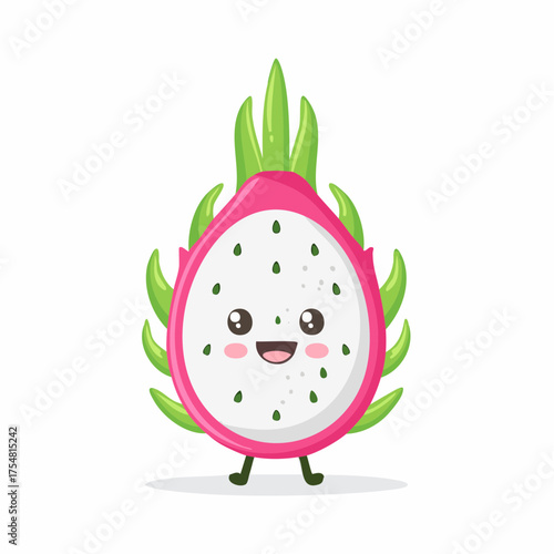 Adorable and happy kawaii dragon fruit character with a smiling face. A funny tropical pitaya fruit mascot vector illustration isolated on a white background