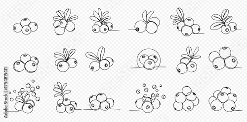 A collection of minimalist continuous line art drawings depicting various clusters and single blueberries with leaves on a transparent background.