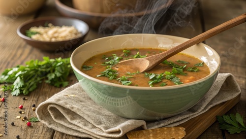 Warm and inviting bowl of hearty soup with fresh herbs and a wooden spoon, perfect for culinary blogs and comforting food ads