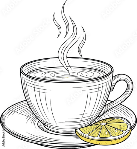 Tea cup lemon drink hot beverage saucer steam sketch drawing caffeine cafe
