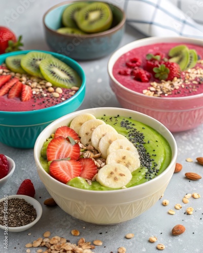 Delicious and vibrant smoothie bowls topped with fresh fruit and seeds, perfect for healthy breakfast or snack, fueling your body with goodness