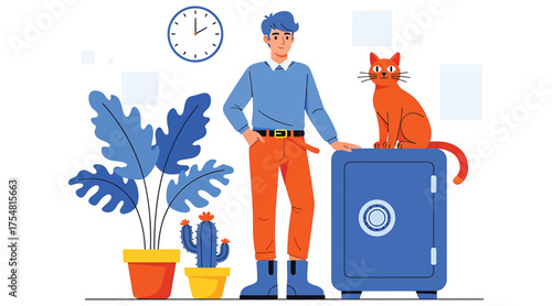 Vector art of a confident man stands beside a safe with his cat, a potted plant, and a clock on the wall, , creating a cozy and secure atmosphere