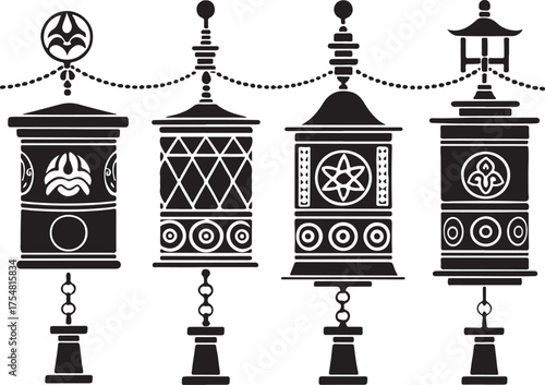 Prayer wheel vector silhouette design set