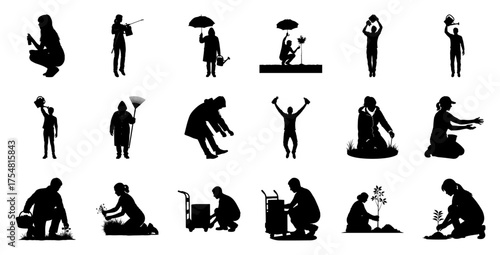 People gardening and working with tools silhouette