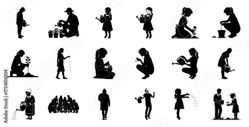 People gardening planting watering silhouettes