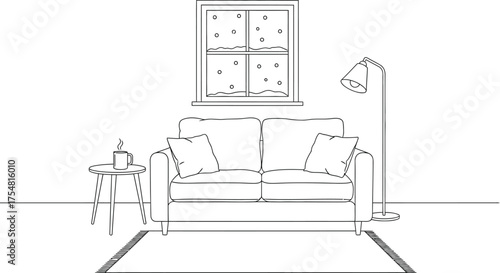 Living room interior design sofa window snow lamp table mug rug pillows home