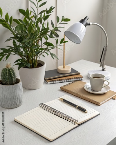 Stylish workspace setup offers a bright and modern aesthetic perfect for creative professionals, with plants, coffee, and a notebook for mindful productivity