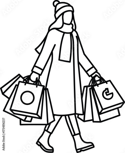 Woman shopping bags winter coat scarf hat retail consumerism fashion style