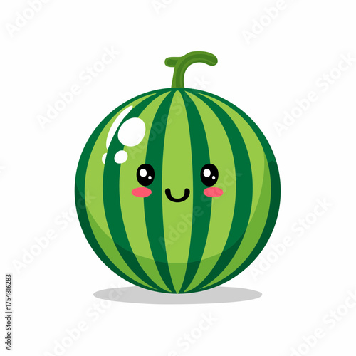 Cute watermelon character smiling happily with a green rind, a healthy and cheerful fruit in an icon illustration