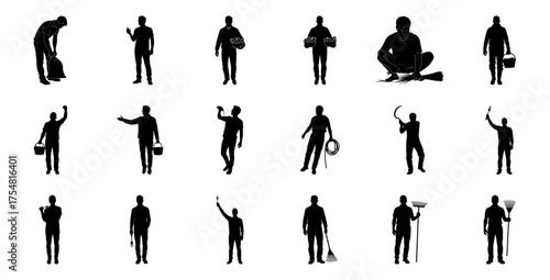 Silhouettes of men with tools and produce male person