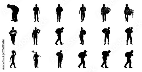 Silhouettes of people carrying various items bags baskets