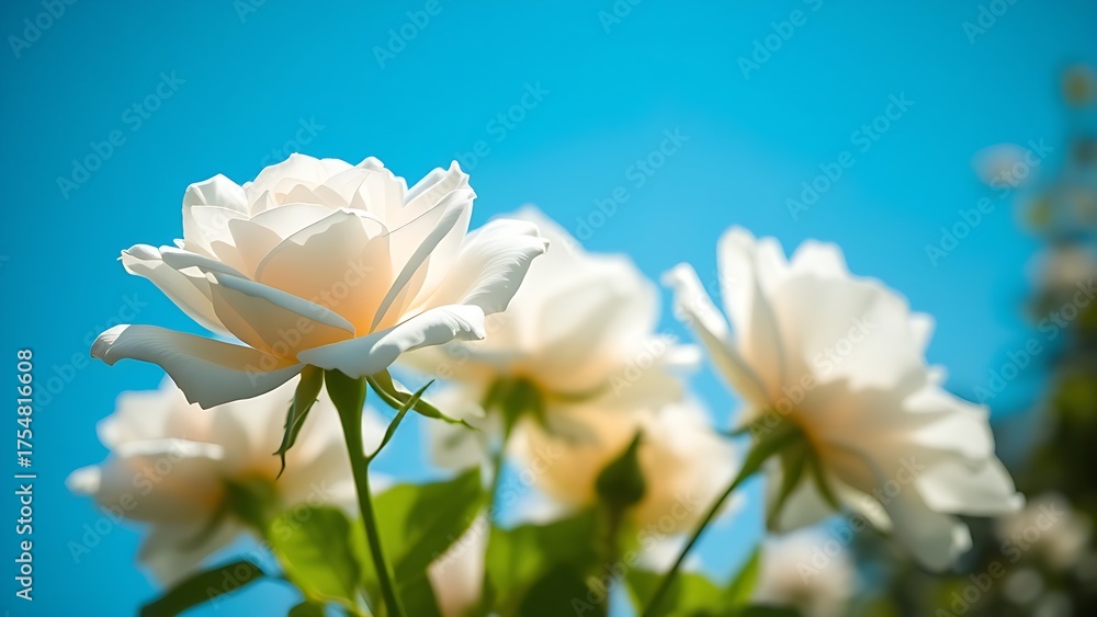 Obraz premium White roses in close-up against a blue sky, softly lit by natural sunlight.