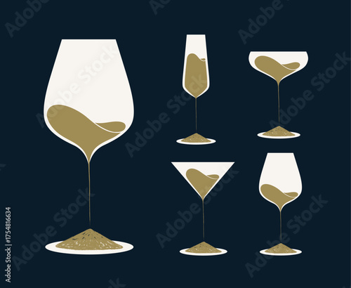 Set of drinking glasses wine champagne martini with sand shapes liquid drawing with beige on blue background