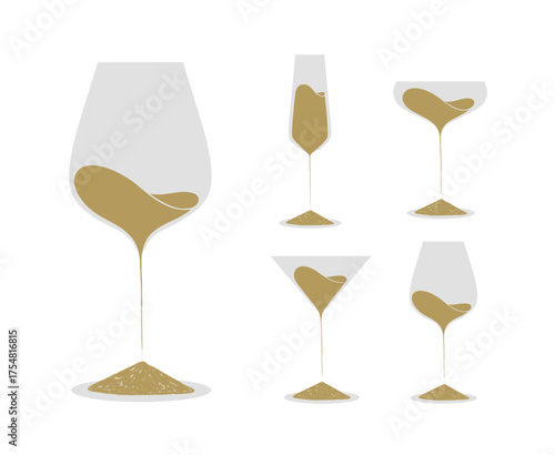 Set of drinking glasses wine champagne martini with sand shapes liquid drawing with beige on light background