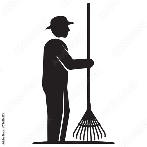 Monochromatic Flat Design Silhouette Icon of Gardener with Rake
