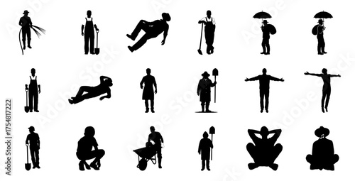 Silhouettes of people in various poses and activities