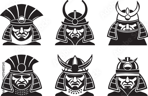  Samurai helmet black icon set, flat vector silhouette design.